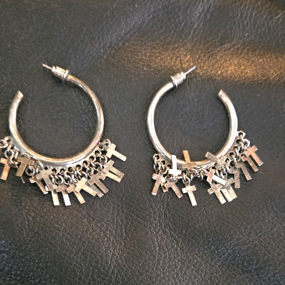 Dolls Kill Silver Hoop Earrings With Cross Charms 38$